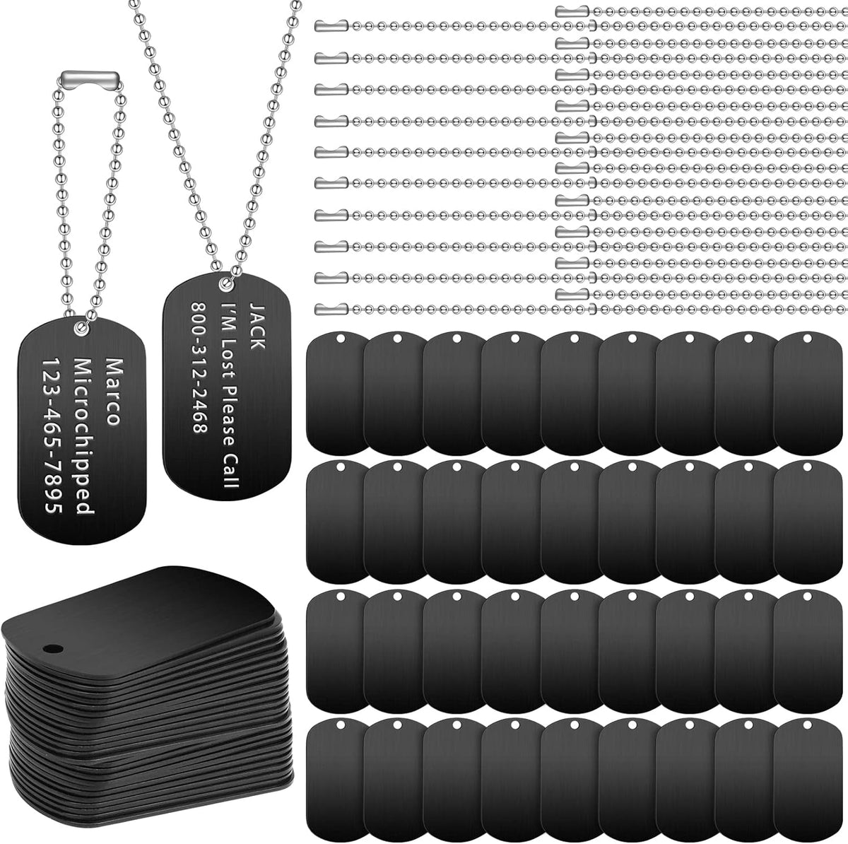 Yinkin personalized military dog tags set front view showcasing bulk black aluminum blanks and silver ball chains.