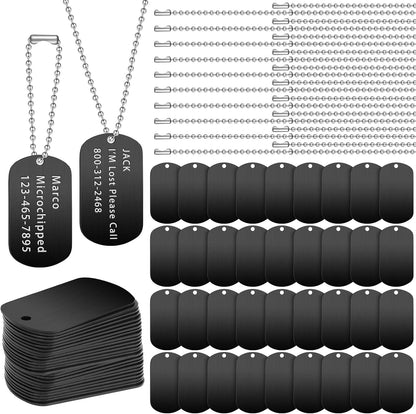 Yinkin personalized military dog tags set front view showcasing bulk black aluminum blanks and silver ball chains.