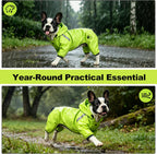 Bright lime green pet safety jacket showing high vis lines under low light conditions