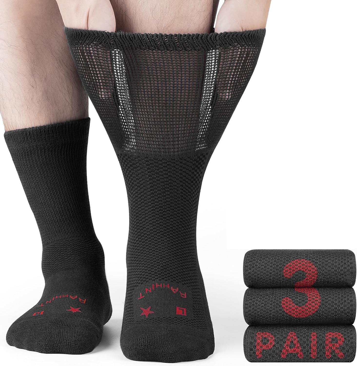 Rahhint Pro Merino Wool Diabetic Socks front view of black cushioned hosiery.