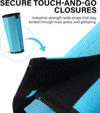 Set of four sky blue HackFond horse leg guards laid flat demonstrating the lightweight see through material