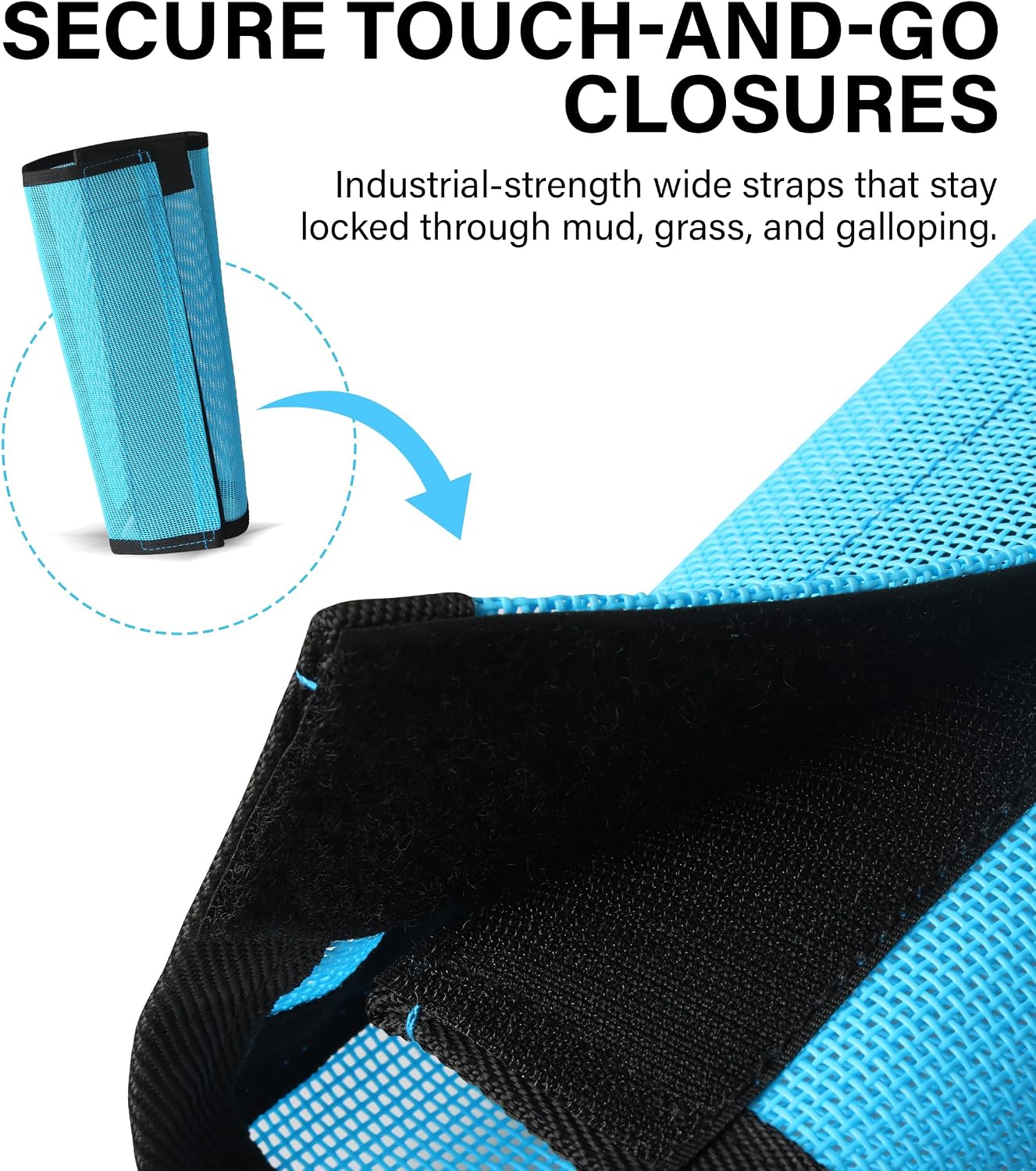 Set of four sky blue HackFond horse leg guards laid flat demonstrating the lightweight see through material