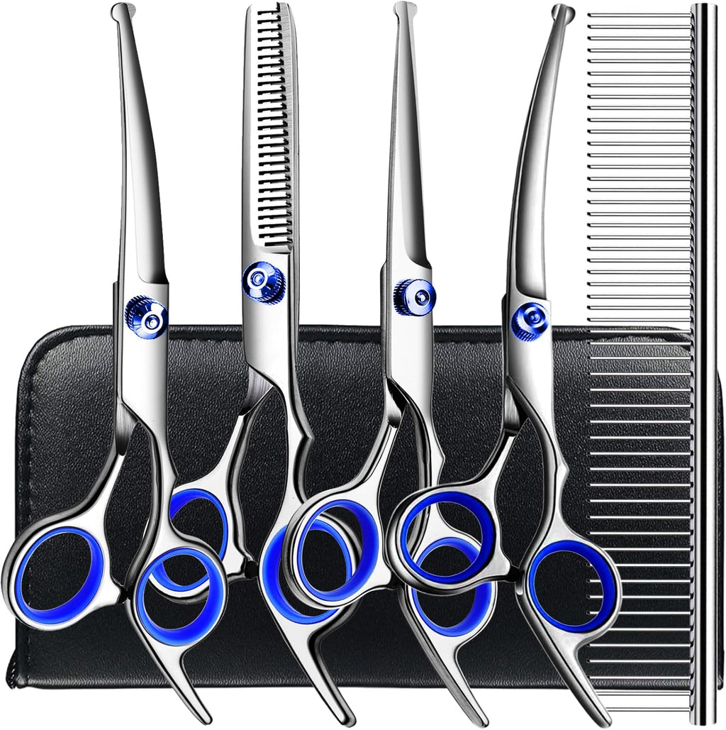 Safe at home pet grooming scissors kit with ergonomic handles and removable rubber rings.
