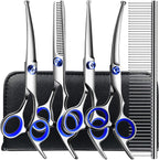 Safe at home pet grooming scissors kit with ergonomic handles and removable rubber rings.