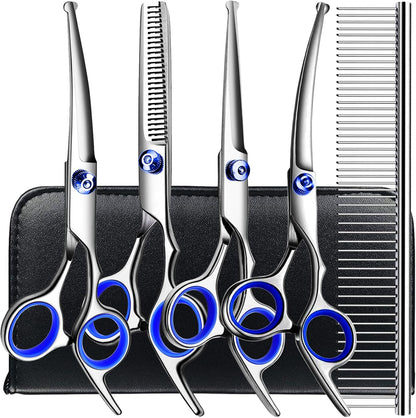 Safe at home pet grooming scissors kit with ergonomic handles and removable rubber rings.