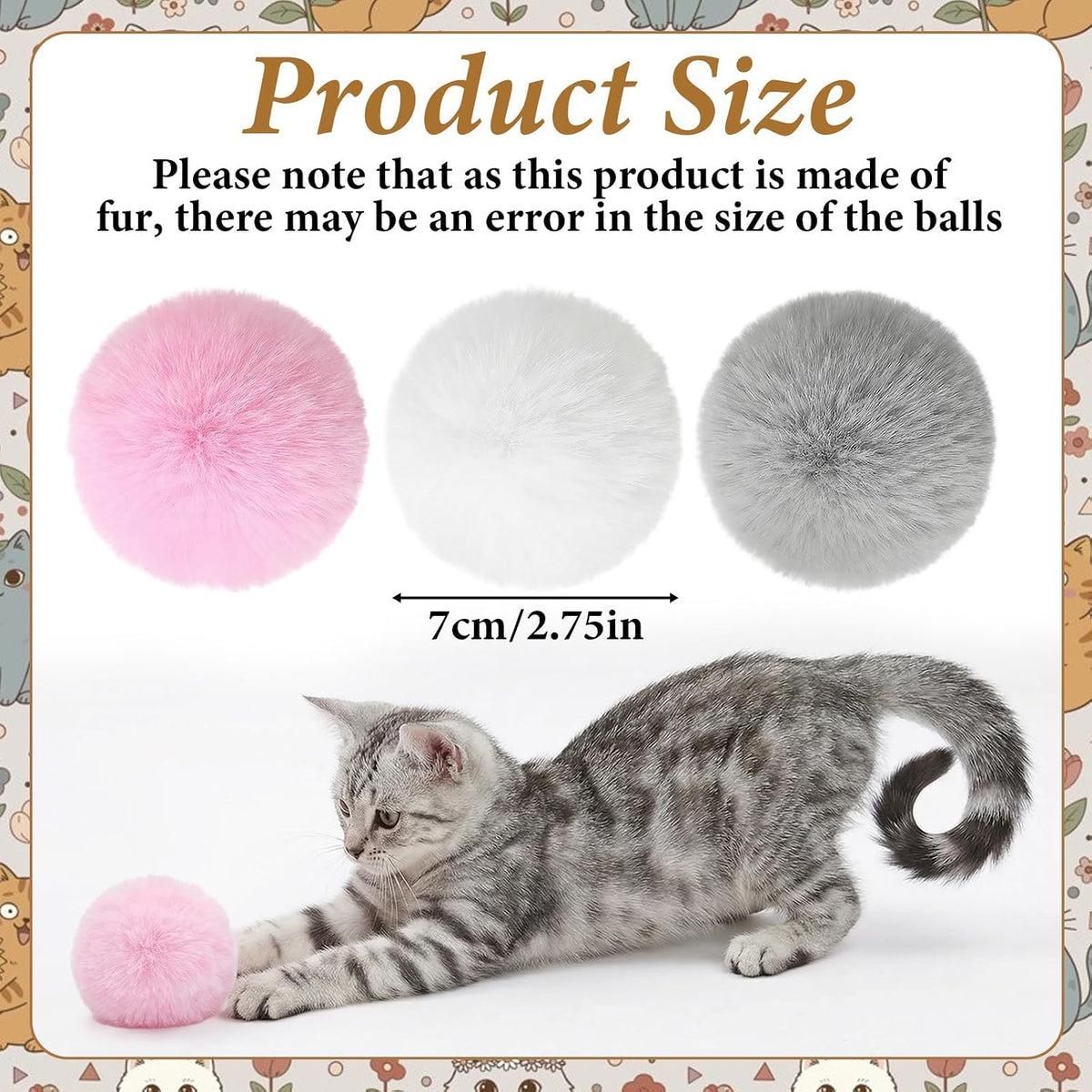 Abeillo fuzzy cat pom pom balls displayed in a full set of nine interactive rolling toys.