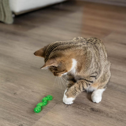 Interactive dental cat chew toy in green synthetic rubber