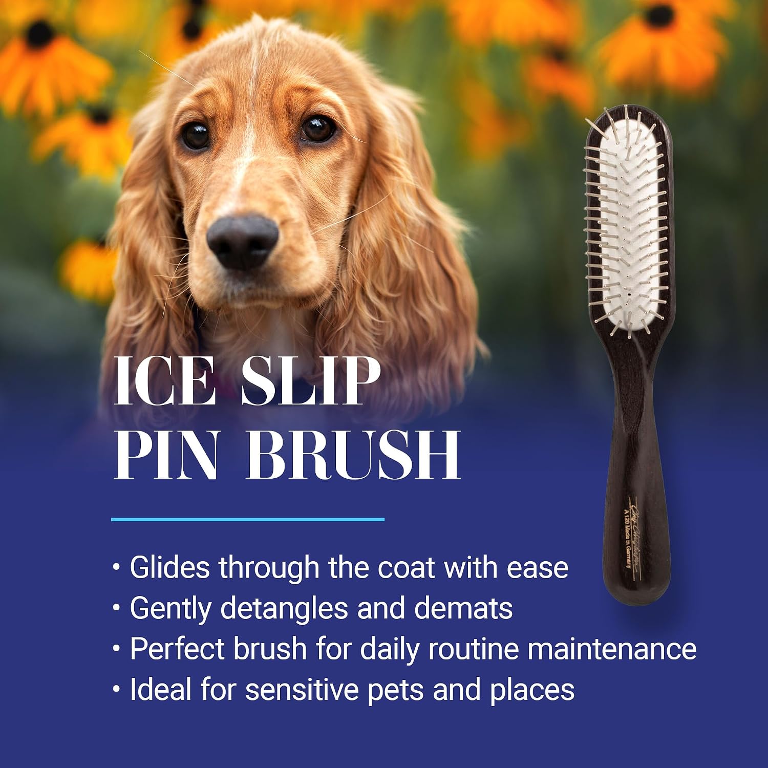 Rounded twenty millimeter stainless steel pins of the professional dog detangler brush.