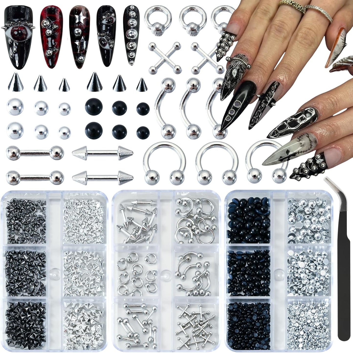 Pizadix goth nail charms kit front view showing 3 boxes