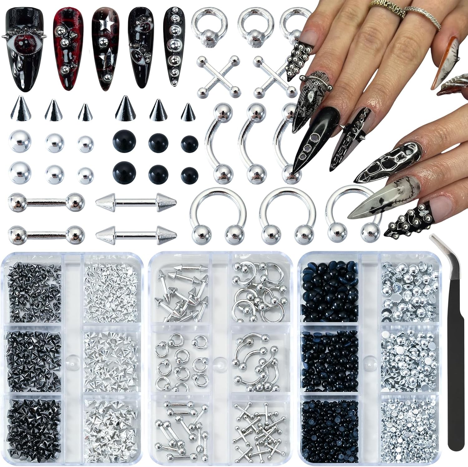 Pizadix goth nail charms kit front view showing 3 boxes