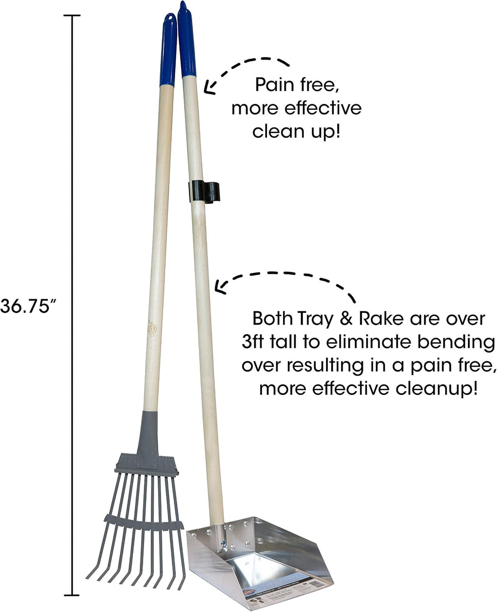 Close-up of the durable rust-resistant aluminum rake and solid metal tray on a grass lawn.