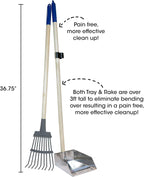 Close-up of the durable rust-resistant aluminum rake and solid metal tray on a grass lawn.
