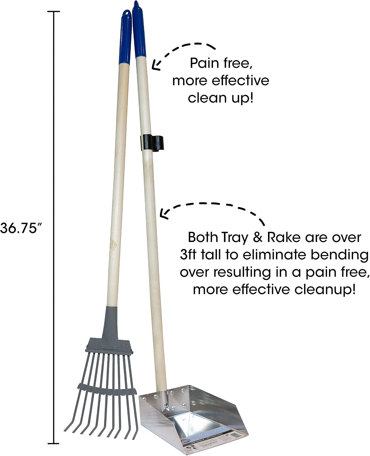 Close-up of the durable rust-resistant aluminum rake and solid metal tray on a grass lawn.