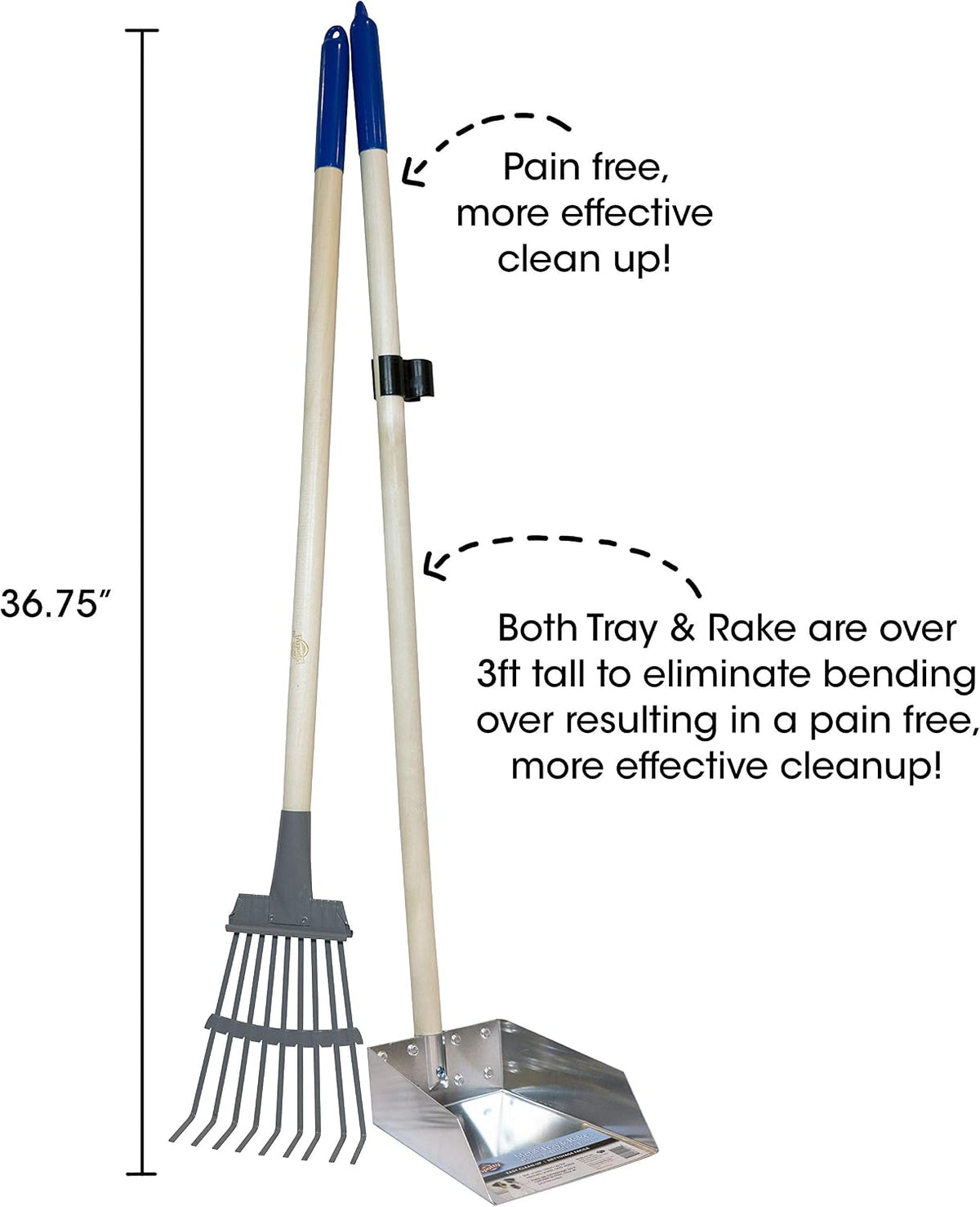 Close-up of the durable rust-resistant aluminum rake and solid metal tray on a grass lawn.