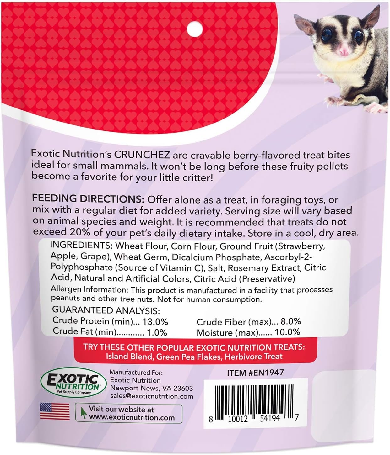 Back label of Crunchez Berry Blend showing guaranteed analysis and feeding instructions