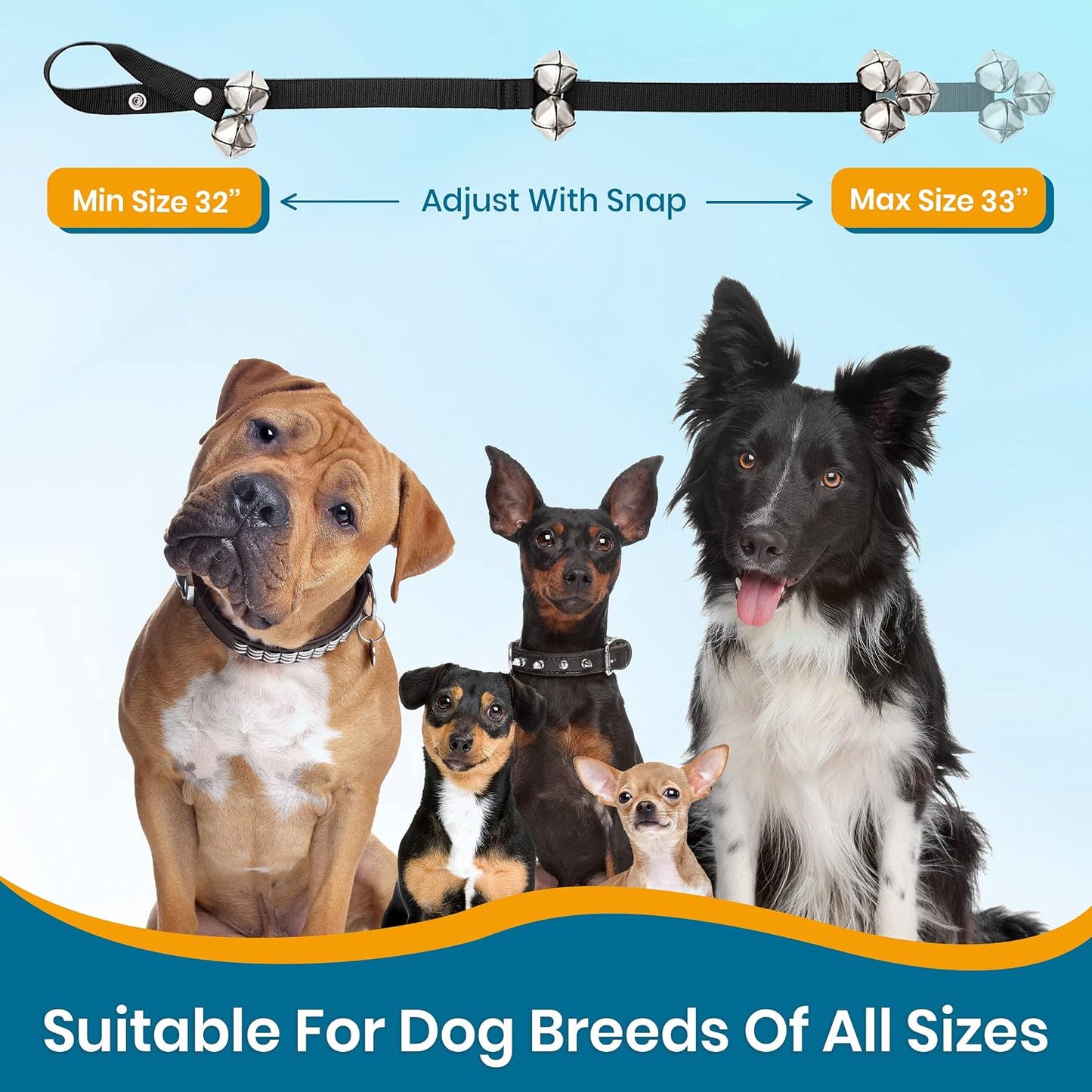 Adjustable dog door bell strap hanging on a residential door knob