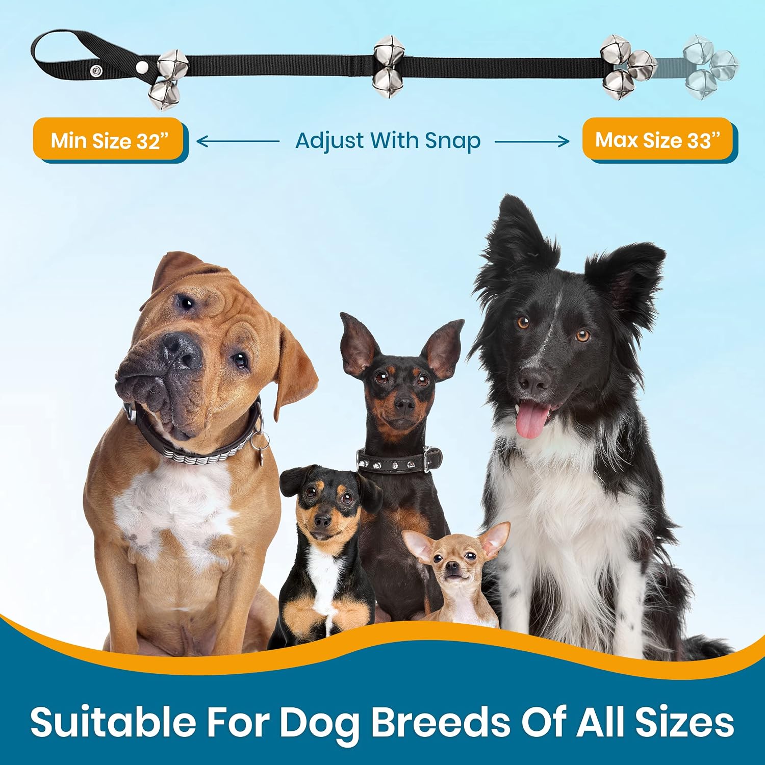 Adjustable dog door bell strap hanging on a residential door knob
