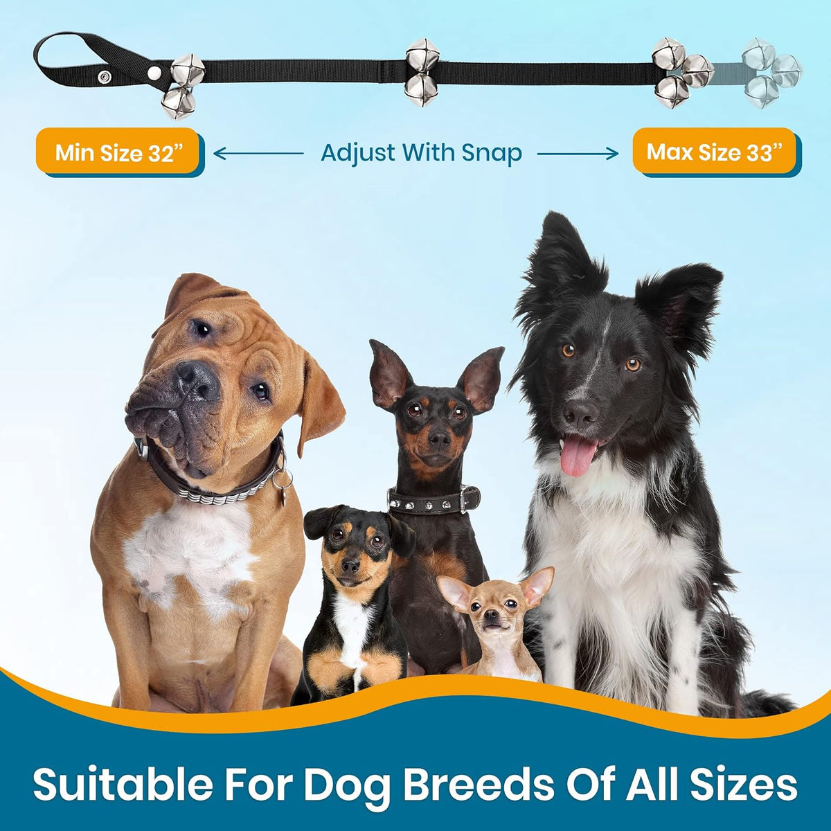 Adjustable dog door bell strap hanging on a residential door knob