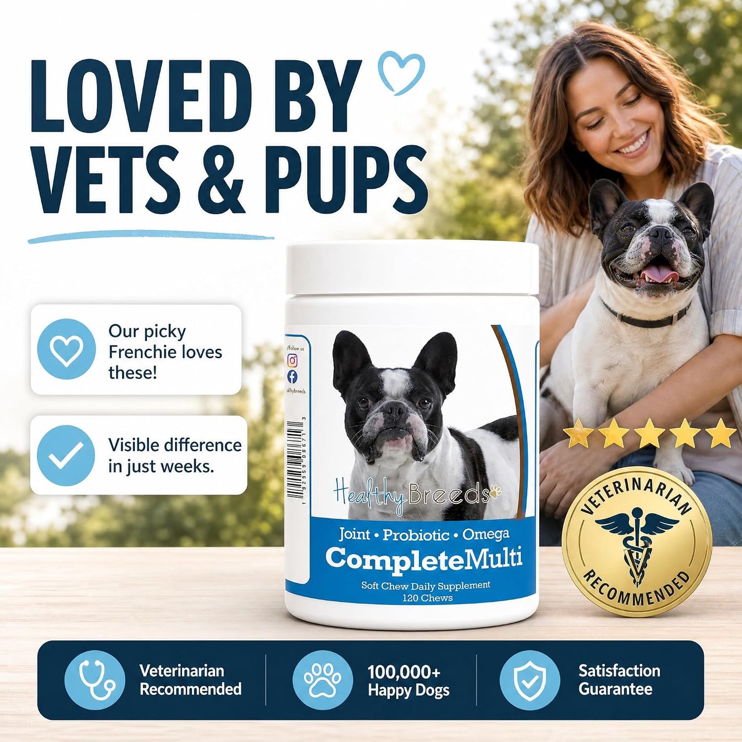 Healthy Breeds 120 count supplement bottle lifestyle