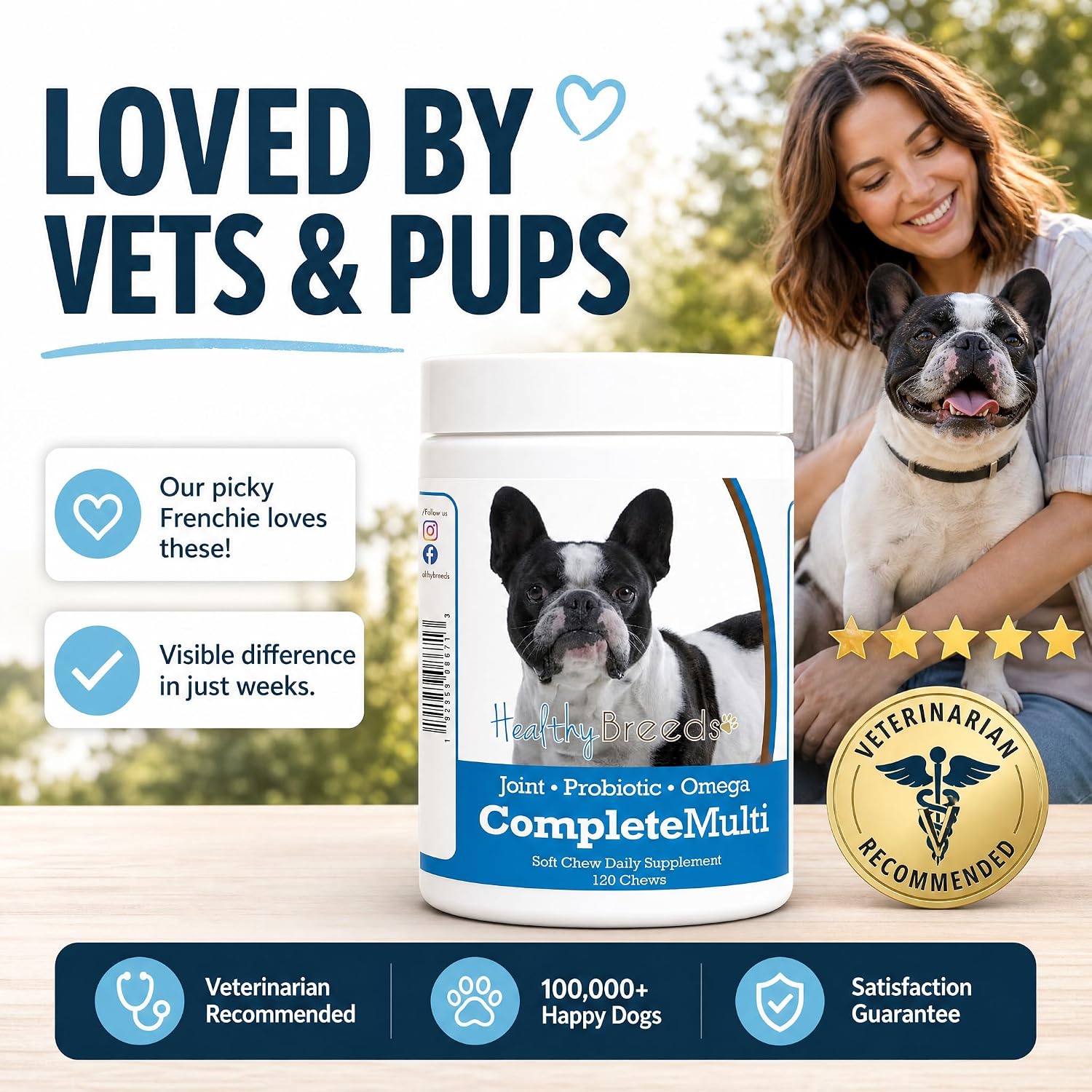 Healthy Breeds 120 count supplement bottle lifestyle