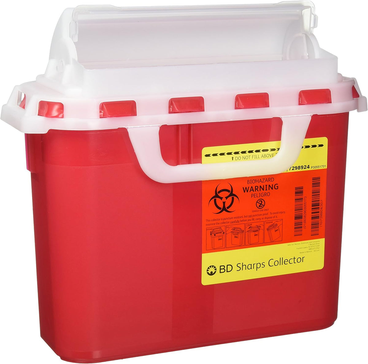 BD 5.4 Quart Red Horizontal Entry Sharps Container front view medical waste disposal
