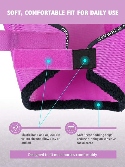 Adjustable touch-and-go chin strap on horse fly mask