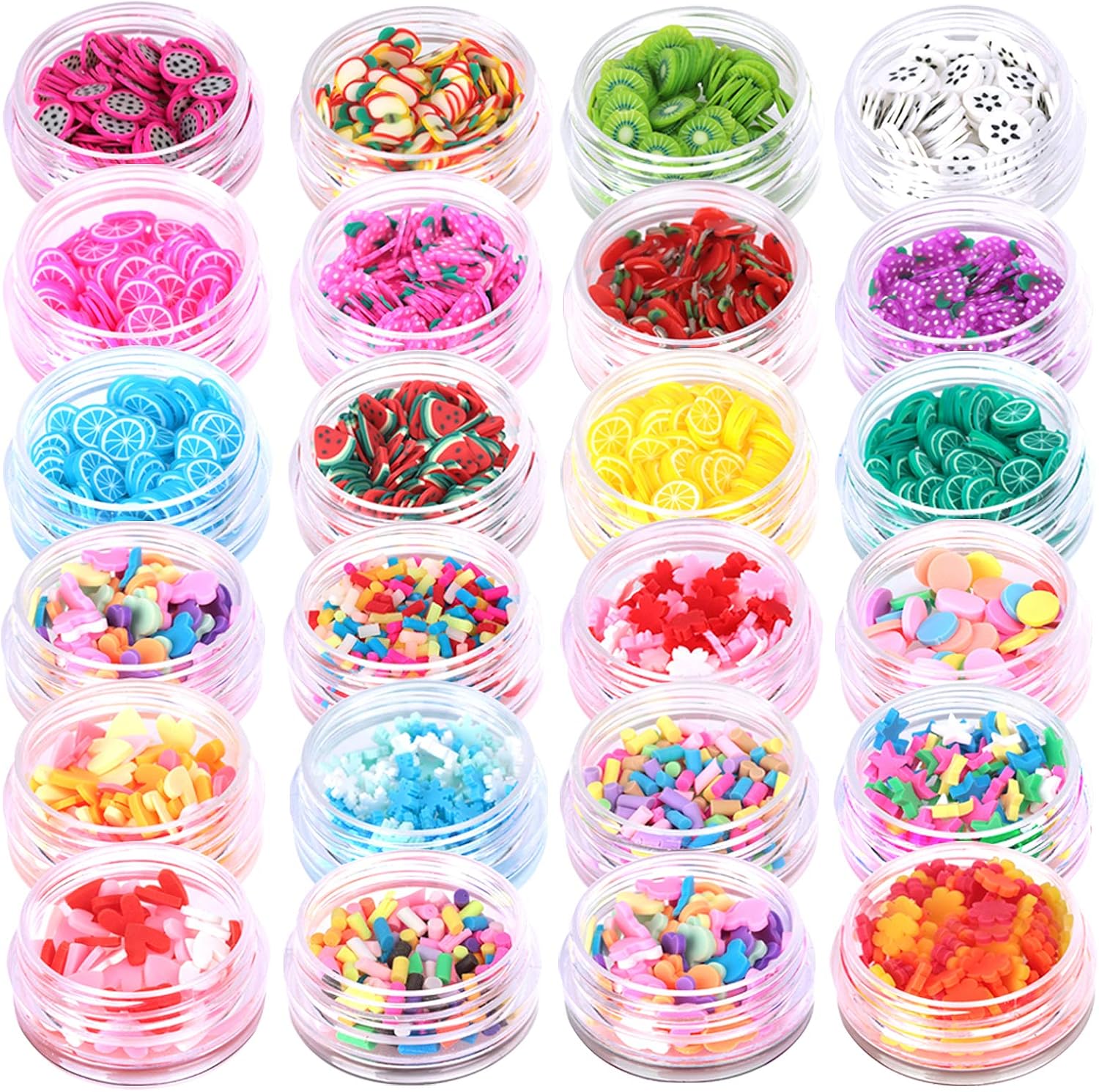 Fandamei 24 Boxes 3D Nail Art Slices set showing twenty four individual round storage containers filled with colorful miniature fruit shapes