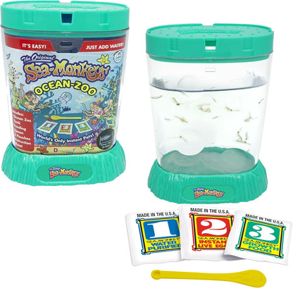 Amazing Live Sea Monkeys Ocean Zoo kit front view showing the green tank packaging.