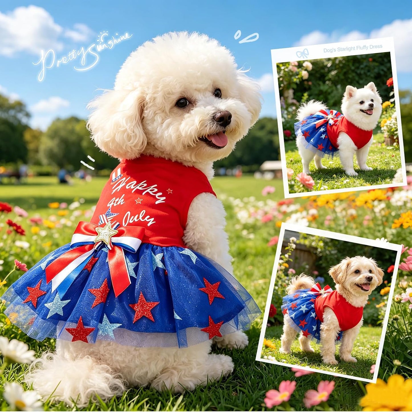 Small dog wearing sparkly patriotic Independence Day pet dress