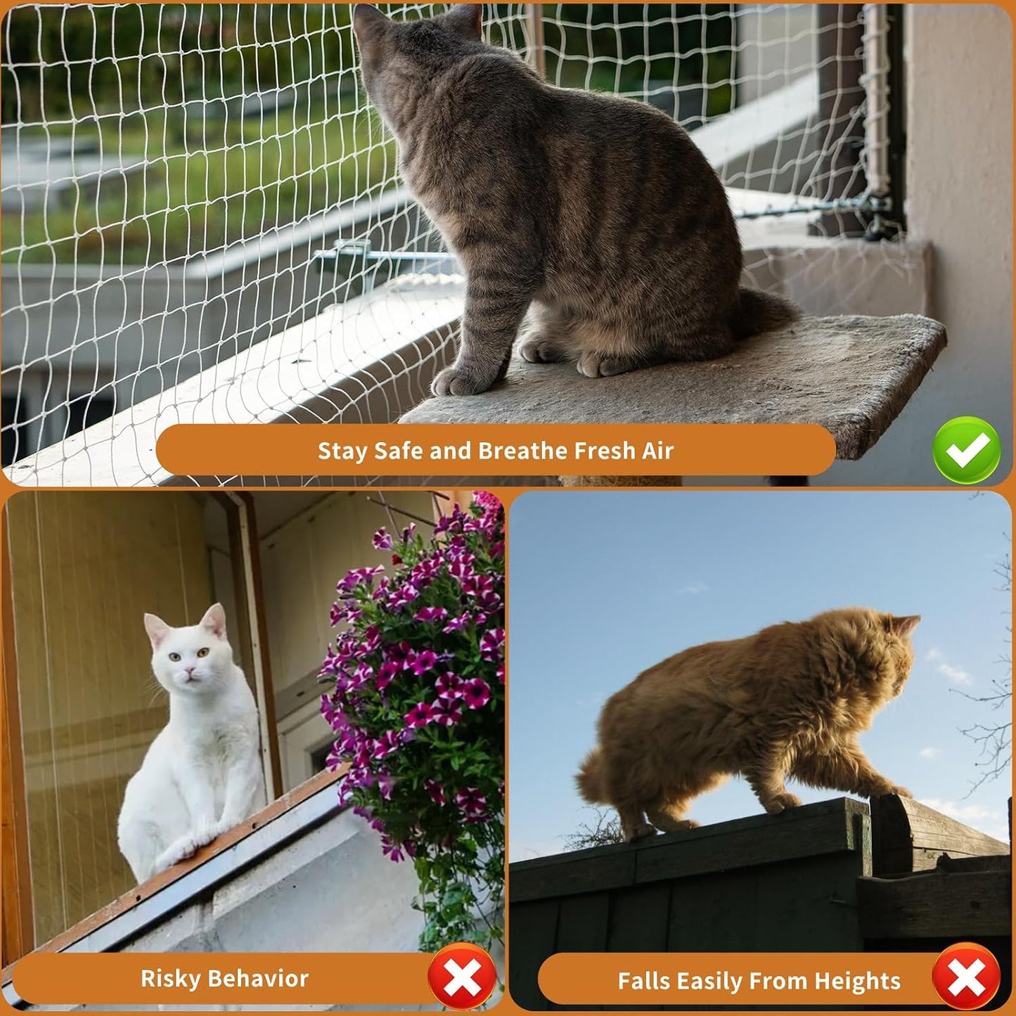 Cat sitting safely behind Vingvo protective balcony netting
