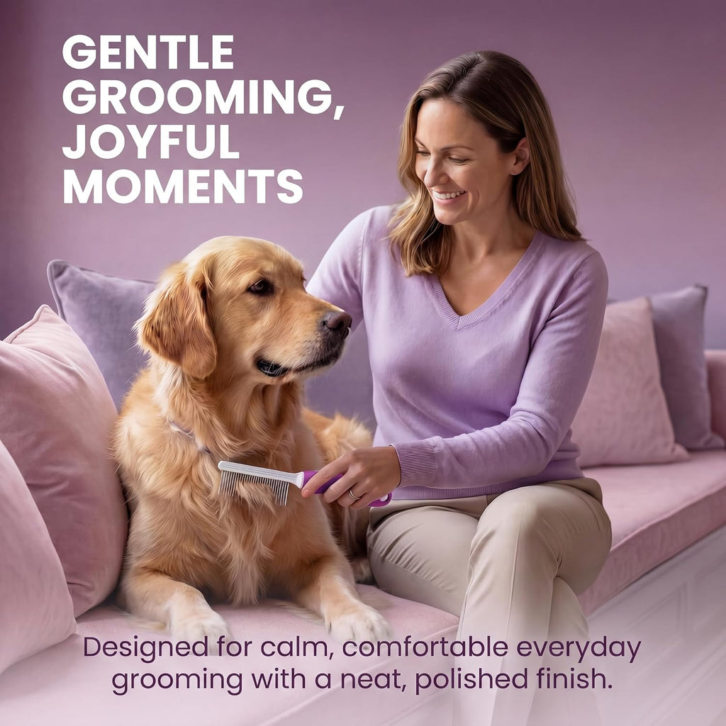Poodlie stainless steel pet brush removing knots and matted fur safely from a long-haired dog coat