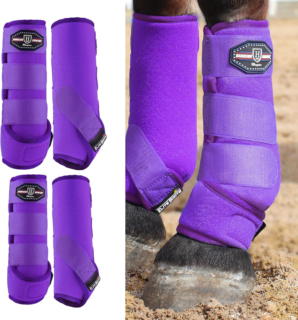 Black horse medicine boots four pack illustrating full coverage for lower limb equine safety.