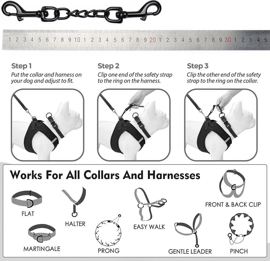 Close up of the dual ended three hundred sixty degree swivel snap hooks on the pet safety strap