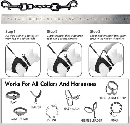 Close up of the dual ended three hundred sixty degree swivel snap hooks on the pet safety strap