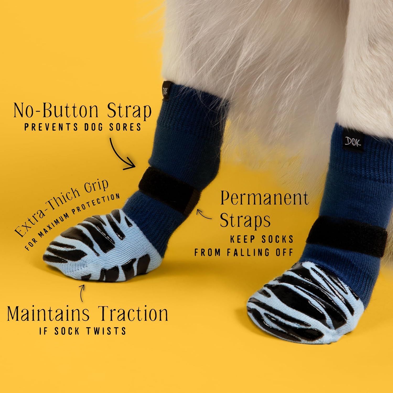DOK non-slip dog socks worn by a dog on hardwood floor