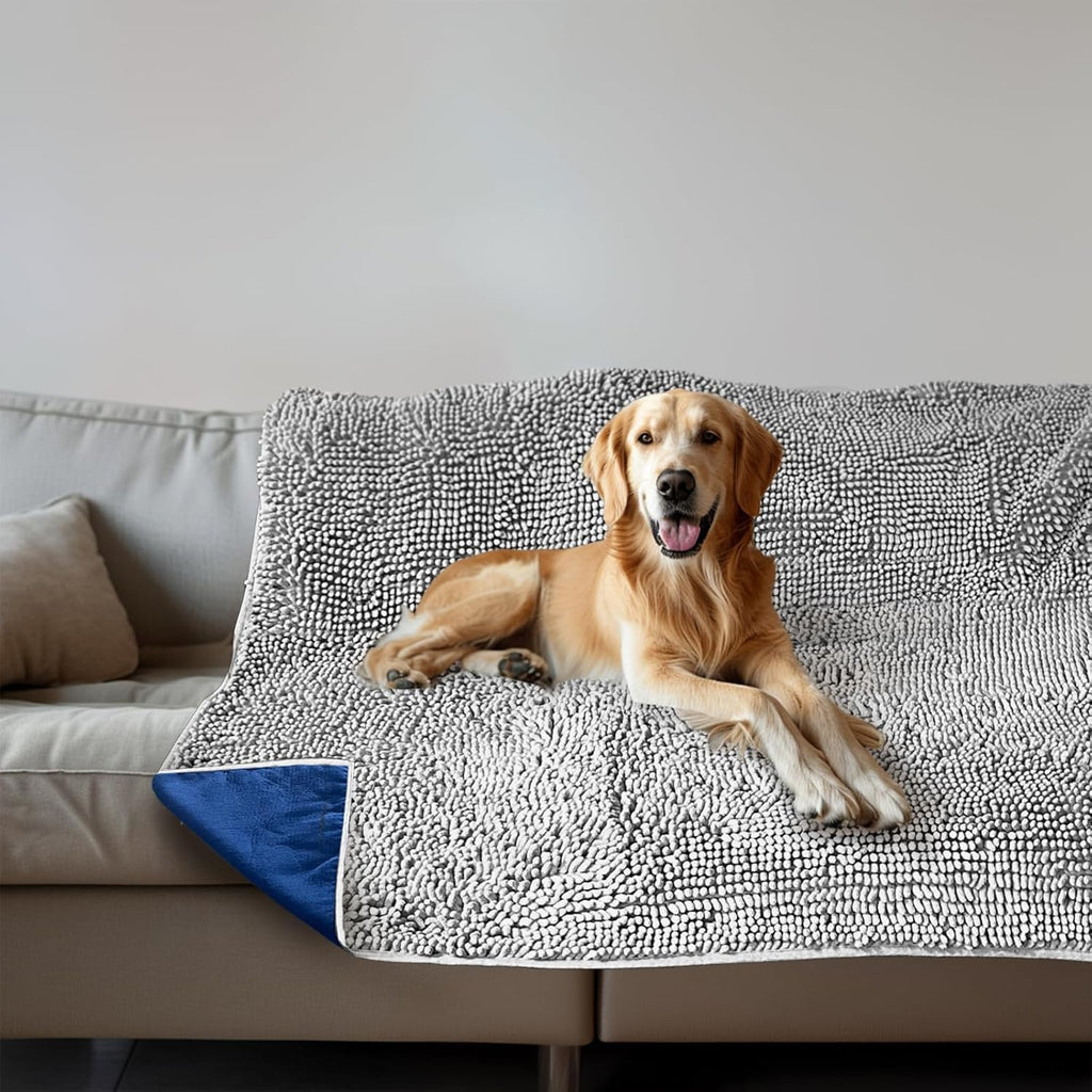 Muddy Mat dog blanket front view on a grey couch for water absorption