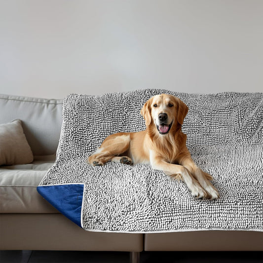 Muddy Mat dog blanket front view on a grey couch for water absorption