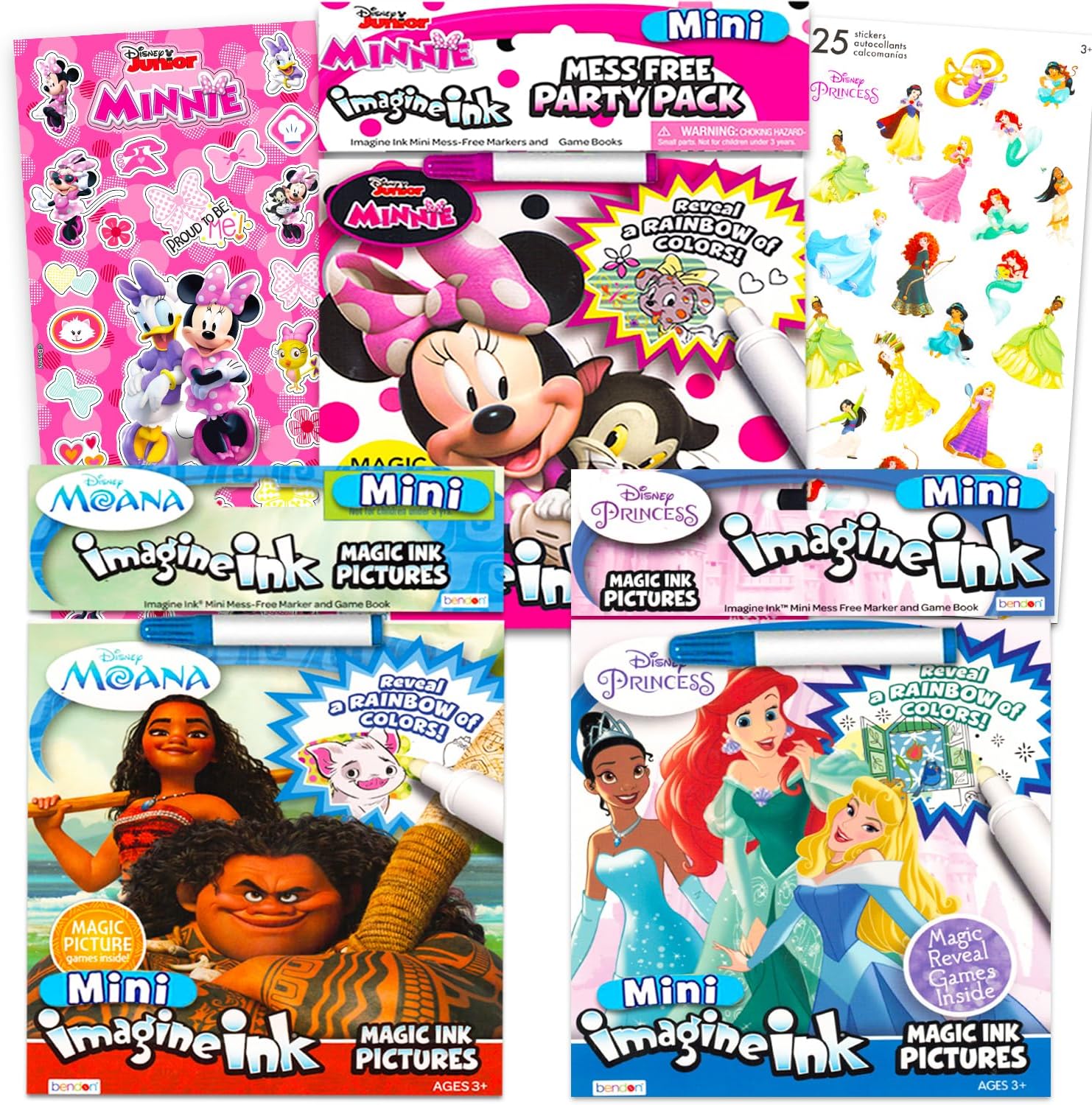 Disney Princess Magic Ink Coloring Book Set front view bundle packaging with Moana and Minnie Mouse books.