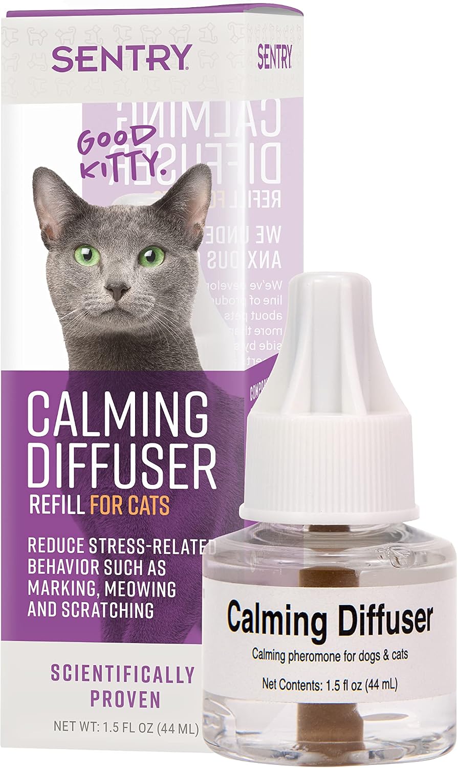Sentry cat anxiety relief product packaging displaying the seven hundred square feet coverage.