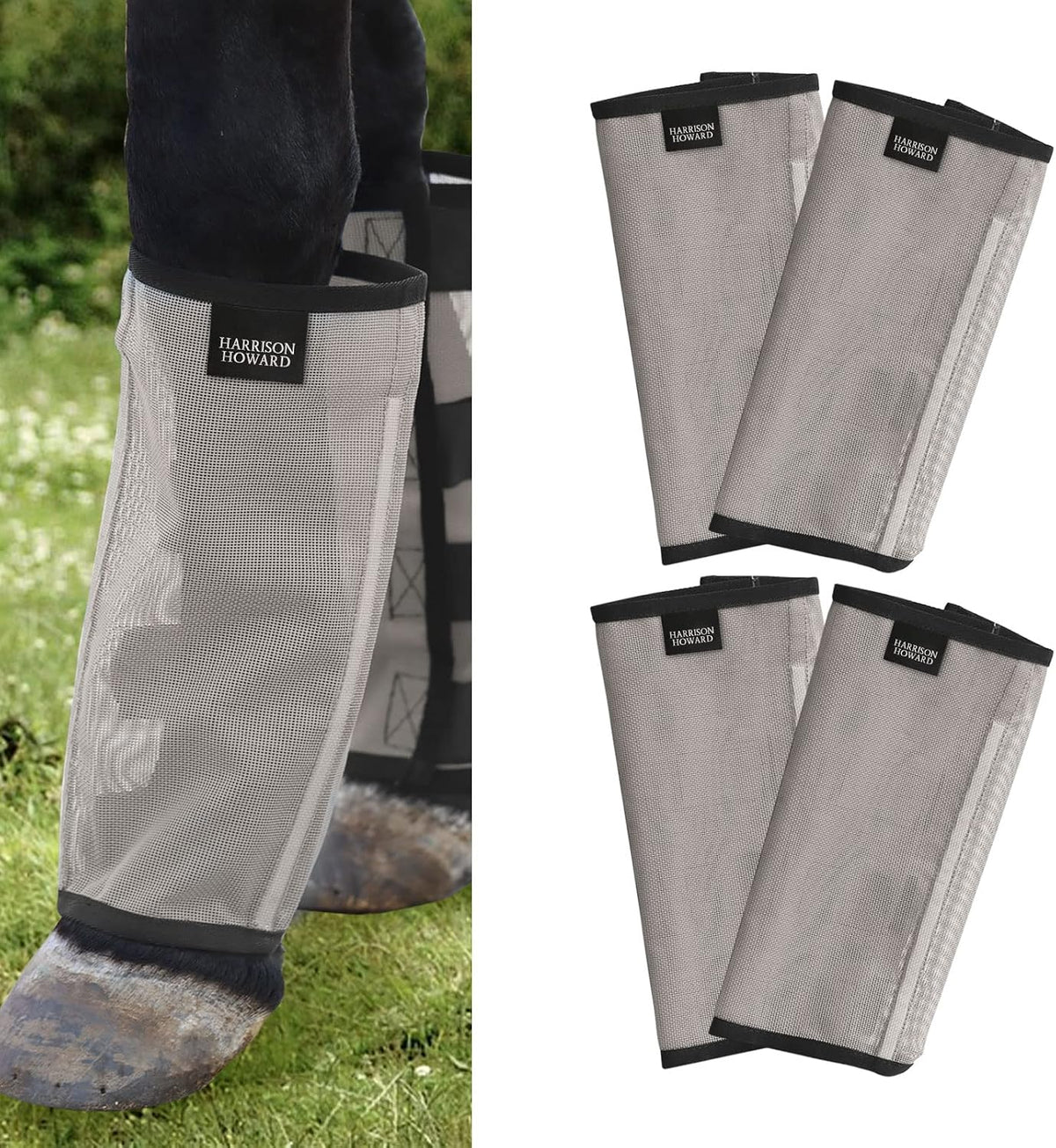 Stomp reducing horse mesh boots from Harrison Howard packaging.