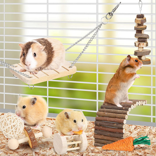 Small animal wooden molar accessories arranged neatly to display the playground ladder and swing.