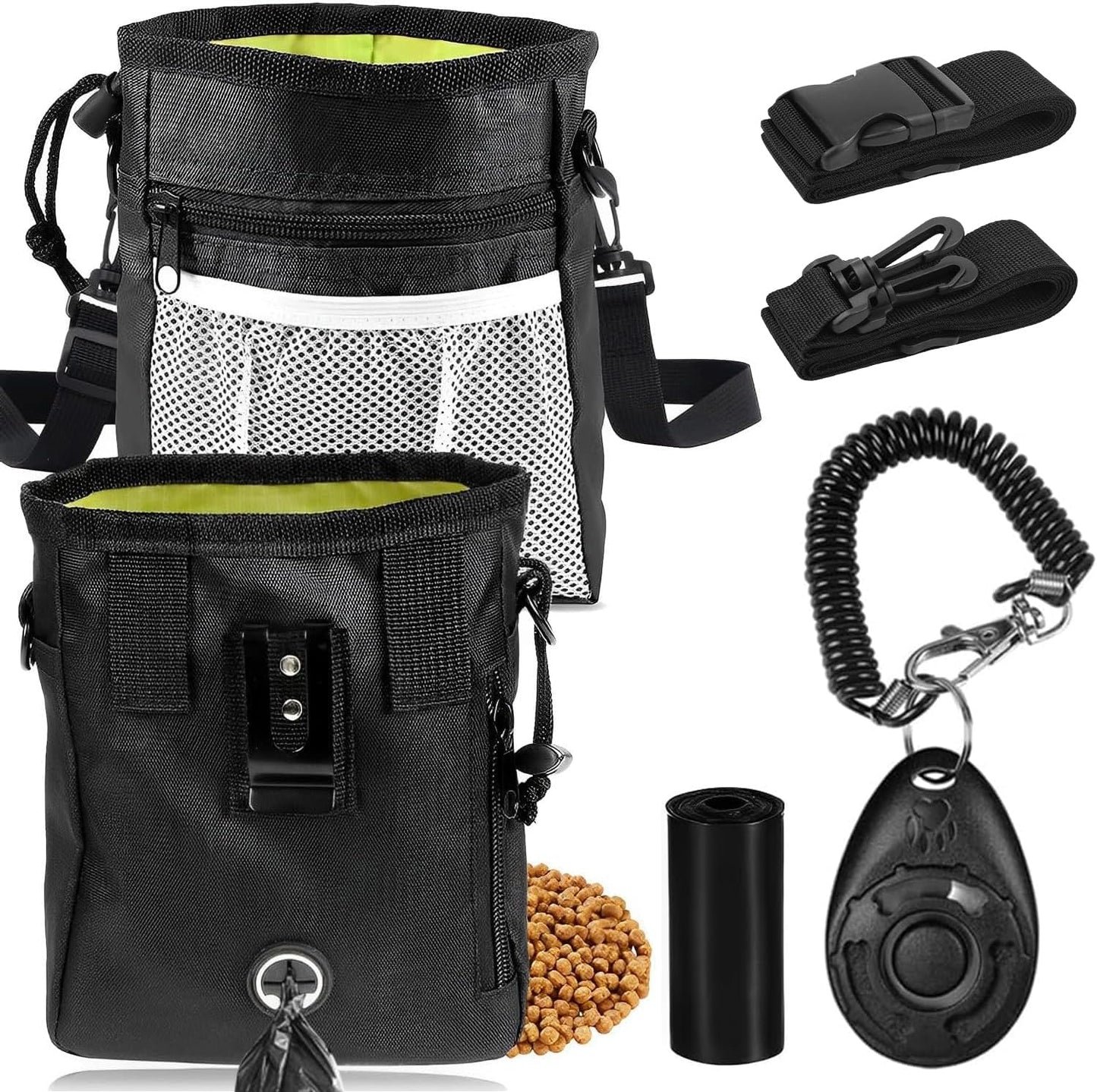 JIURUN 3 in 1 dog treat pouch kit front view showing black nylon bag with mesh pocket