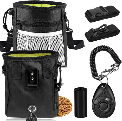 JIURUN 3 in 1 dog treat pouch kit front view showing black nylon bag with mesh pocket