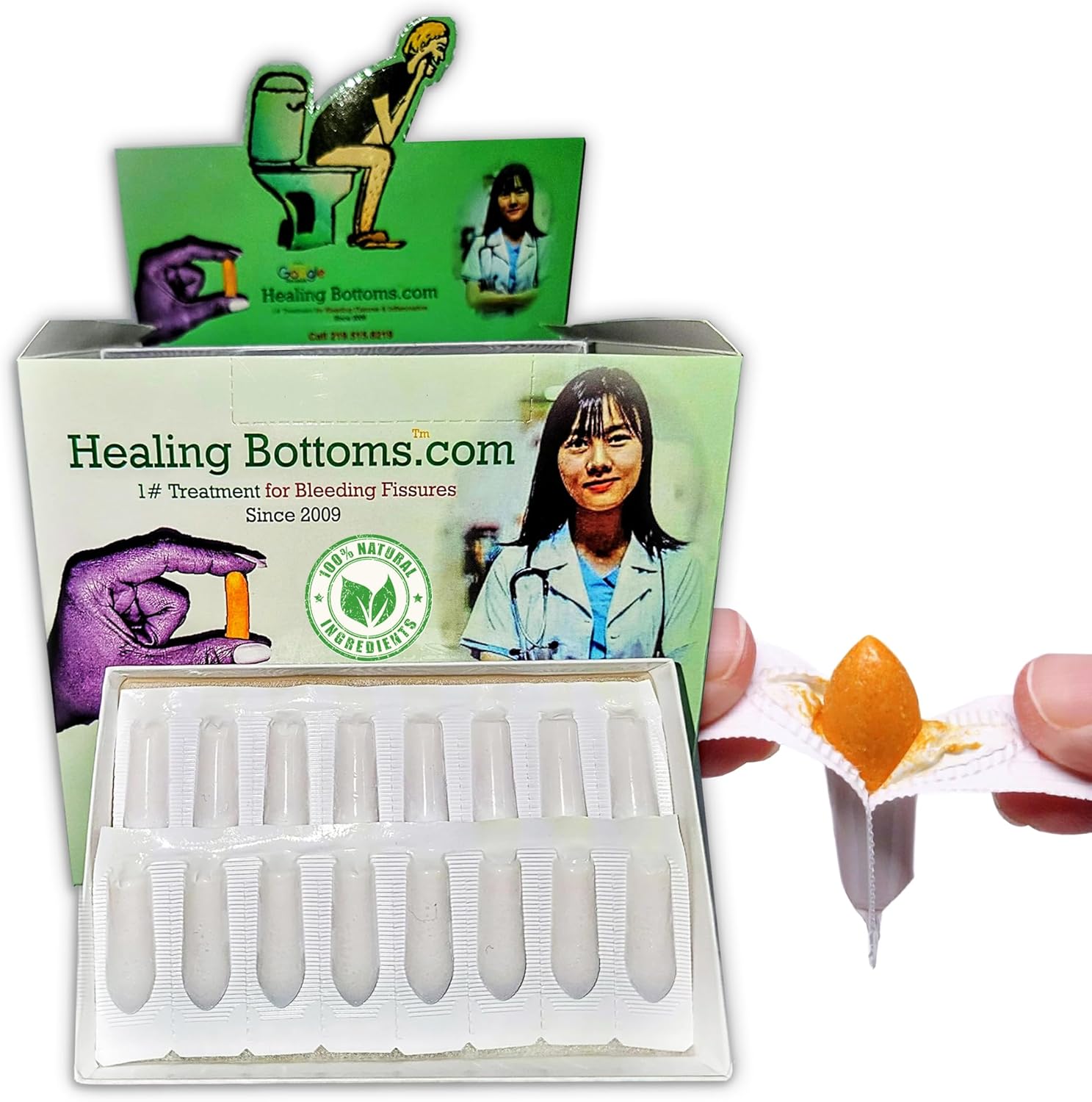 Healing Bottoms Anal Fissure Suppository front packaging displaying natural curcumin formula