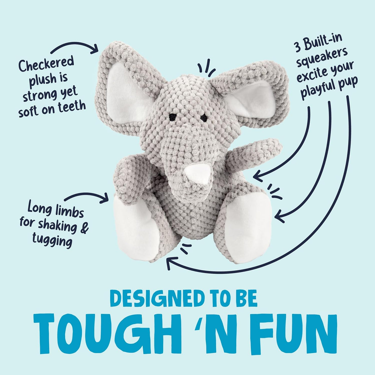 Durable elephant plush pet toy with chew guard lining for heavy play.