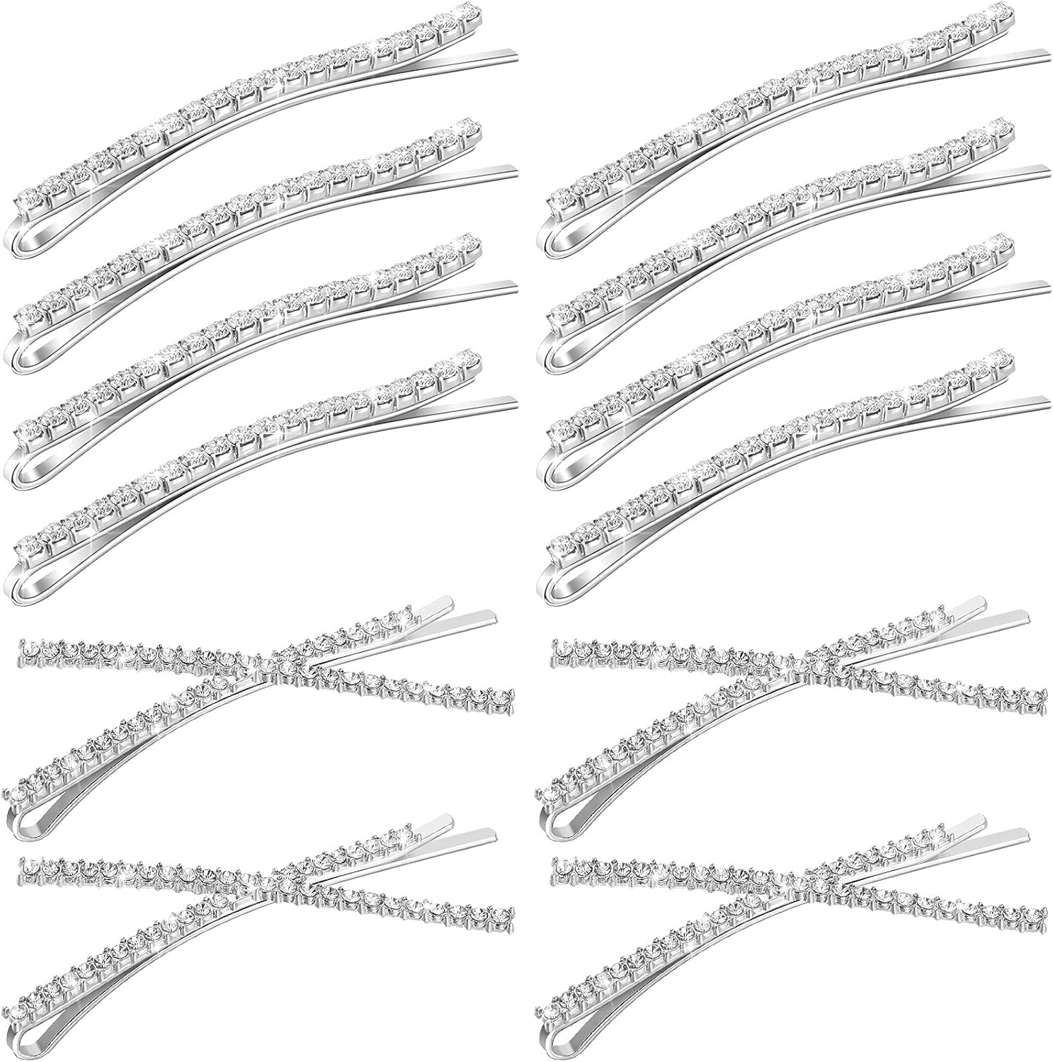 WILLBOND 12 pieces rhinestone bobby pins silver set front view