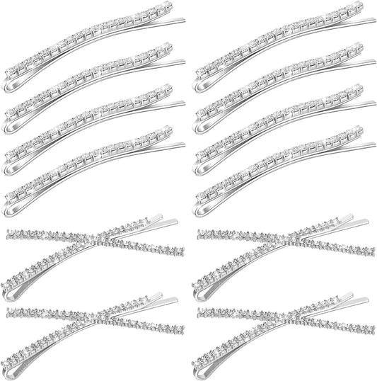 WILLBOND 12 pieces rhinestone bobby pins silver set front view