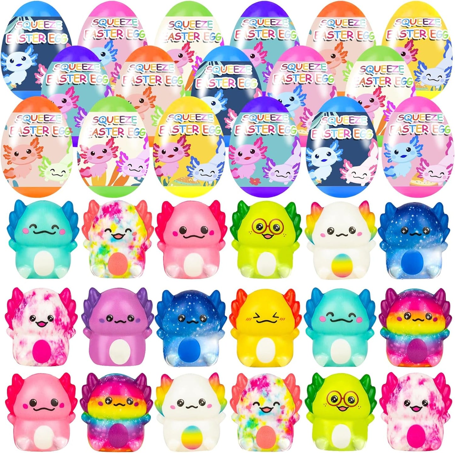 Cherislpy 24 Pack Prefilled Easter Eggs front view showcasing colorful plastic shells and slow rising axolotl toys.