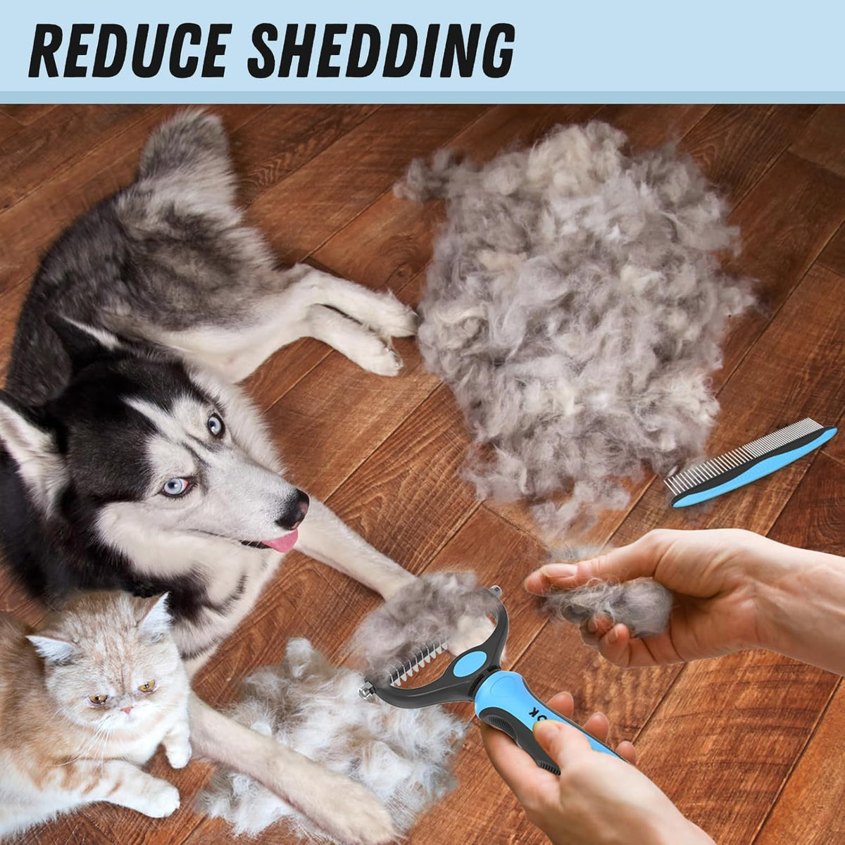 Docrok pet grooming brush set being used to safely remove matted fur from a long haired cat