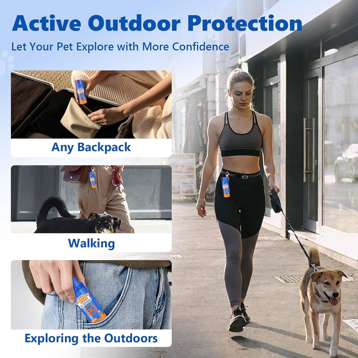 Genolix dog deterrent spray attached to a dog leash for travel
